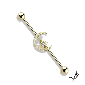 Gold Moon and Star Industrial Barbell Piercing Jewlery