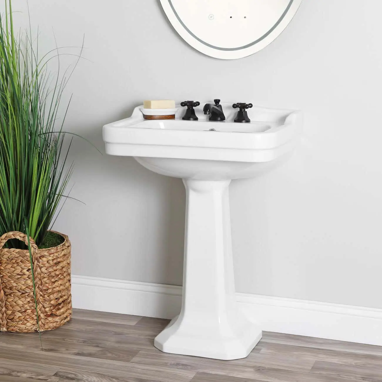 Royal 24-Inch Decorative Bathroom Pedestal Sink with Backsplash, Compatible with Standard Bathroom Faucets