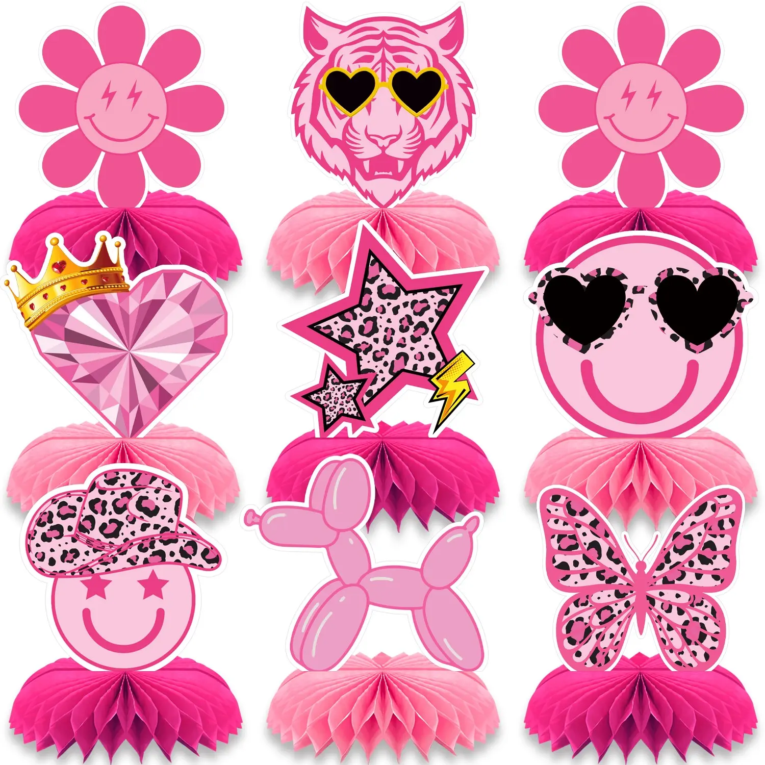 9Pcs Preppy Party Centerpieces Decorations Cute Lightning Lips Star Y2k Hot Pink Table Honeycomb Centerpieces for Girls Women Birthday Party Preppy Birthday Decorations