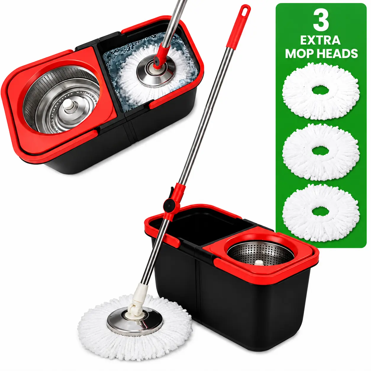 Spin mop bucket set (including spin dryer) – detachable design, stainless steel telescopic rod, double-basin mop bucket with built-in drain hole for easy home storage, 3 reusable microfiber mop heads. Cleaning high-efficiency product