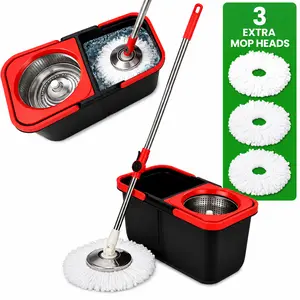 Spin mop bucket set (including spin dryer) – detachable design, stainless steel telescopic rod, double-basin mop bucket with built-in drain hole for easy home storage, 3 reusable microfiber mop heads. Cleaning high-efficiency product