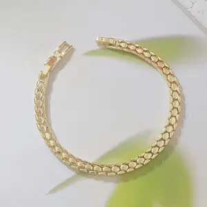 14K Gold Plated Honeycomb Textured Link Bracelet, Polished Herringbone-Style Snake Chain Bracelet, Minimalist Dainty Gold Jewelry for Women