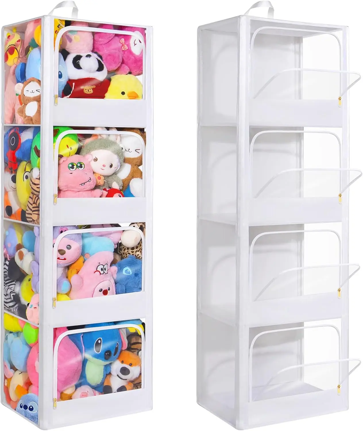 Transparent Dustproof Stuffed Animal Storage - Plushies Storage with Zipper Easy Find Items More Capacity Toy Organizer Horizontal & Vertical Dual-Use 4-Tier Space-Saving Organizer for Kids Room