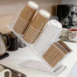 Acrylic Coffee Cup & Lid Holder with Straw Organizer, 5-Compartment Disposable Cup Dispenser for 8–20 oz Cups, Clear Countertop Storage Rack for Coffee Bar, Office, Kitchen & Parties