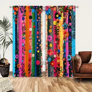 2pcs Window Curtains, Home Decoration Curtain, A fabric collage featuring vertical strips of diverse patterns and colors, Embellished with flowers, buttons, and leafy vines, exudes handcrafted aesthetic, Drapes for Bedroom Living Room, Rod Pock