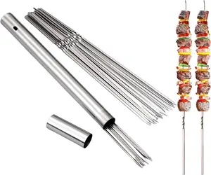 WILLBBQ 304 Stainless Steel 13.2" Long Flat Barbecue Skewers,20PCS/40PCS BBQ Kebab Skewers with Portable Metal Storage Tube,Reusable for Grilling...