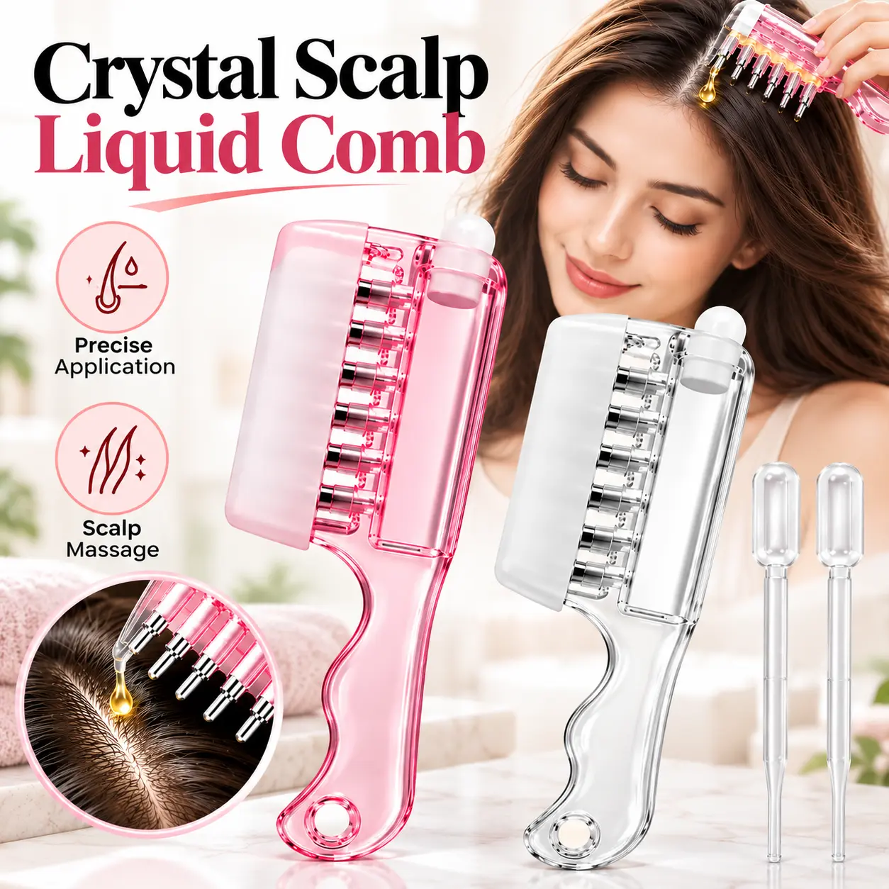 Refillable Scalp Liquid Applicator Comb with 6 Stainless Steel Roller Balls, Hair Oil & Serum Root Applicator Massage Comb, Leak-Resistant Hair Care Treatment Tool for Scalp & Hair Roots, Portable Reusable -(Comb Only)