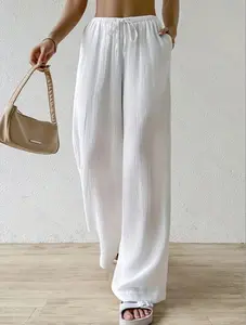 Women’s casual versatile solid-color wide-leg pants, ruched elastic waistband loose long trousers, comfortable slimming commuter pants for everyday wear