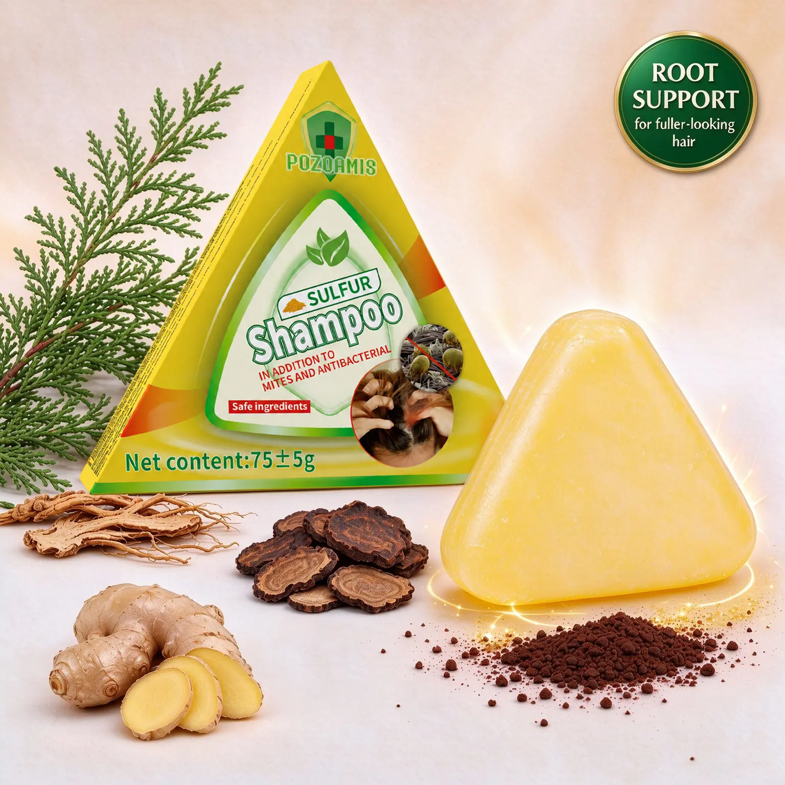 Nature Sulfur Triangle Shampoo Bar – Traditional Mild Daily Lightweight Herbal Cleanser for Oily Hair, Promotes Growth, Strengthens, Thickens, Volumizes, Deep Cleanses, Polygonum multiflorum & Angelica