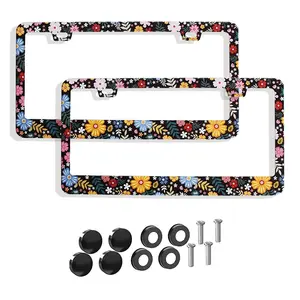 2 Pack Hippie Flowers Floral Car License Plate Frame for Women,Plant Theme Floral car Decorative tag Frames Girly,Nature Flowers Floral License Plate Cover Holder,Weather & Rattle-Proof,Car Accessories