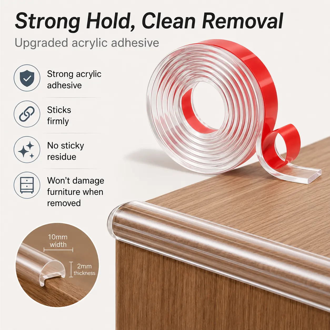 6.6FT Clear Furniture Edge Protector Strip, Self-Adhesive Rounded Corner Guard, 10mm Wide × 2mm Thick for Tables, Cabinets & Countertops