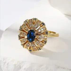 Sunflower Blue Gemstone Ring for Women – Elegant Floral Statement Jewelry in Multiple Sizes