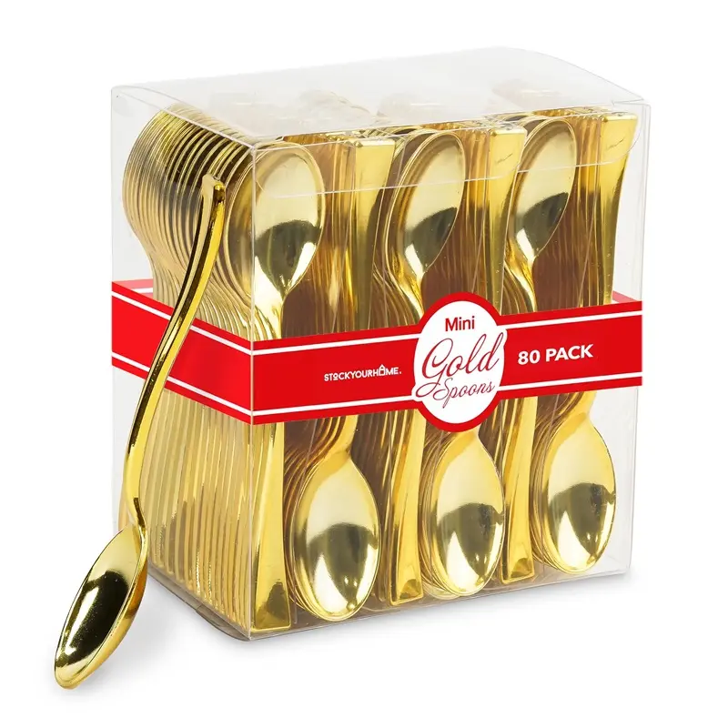 Gold Plastic Mini Spoons Disposable, 4 inch (80 Pack) Tasting Spoon, Dessert Mini spoon for Ice Cream Taster, Small Sample Desserts, Gelato Sampling, Fancy Miniature Pudding, Little Appetizers, Bulk