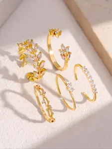 Women's Elegant Leaf Design Cuff Ring Set, Exquisite Trendy Artificial Zircon Decor Adjustable Open Rings, Fashionable Jewelry for Women As Gift, Cubic Zirconia Rings, Dainty Stacking Rings