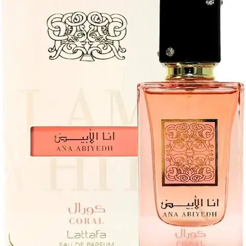 Lattafa Ana Abiyedh Coral Eau de Parfum for Adult Women, Regular Edition Warm Floral-Amber Floral Fruity Liquid Perfume Spray (3.4 fl oz) with Coconut, Vanilla, Soft Peach Burst, Watermelon Scents, Warm Musk Base, Recyclable Packaging, Floral Fruity Perfu