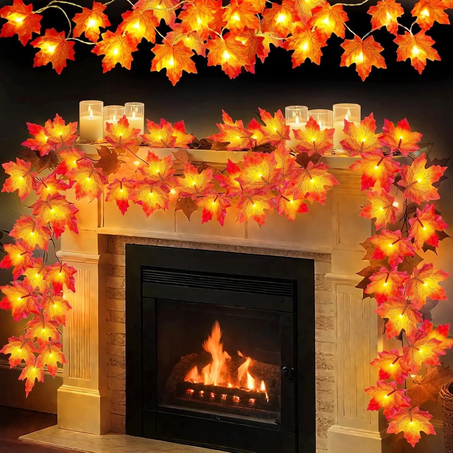 4 Pack Fall Decor Fall Garland with Lights Fall Decorations for Home, Total 40Ft 80LED Enlarged Maples Leaves Fall Lights Battery Operated Autumn Halloween Thanksgiving Decor Indoor Outdoor Christmas