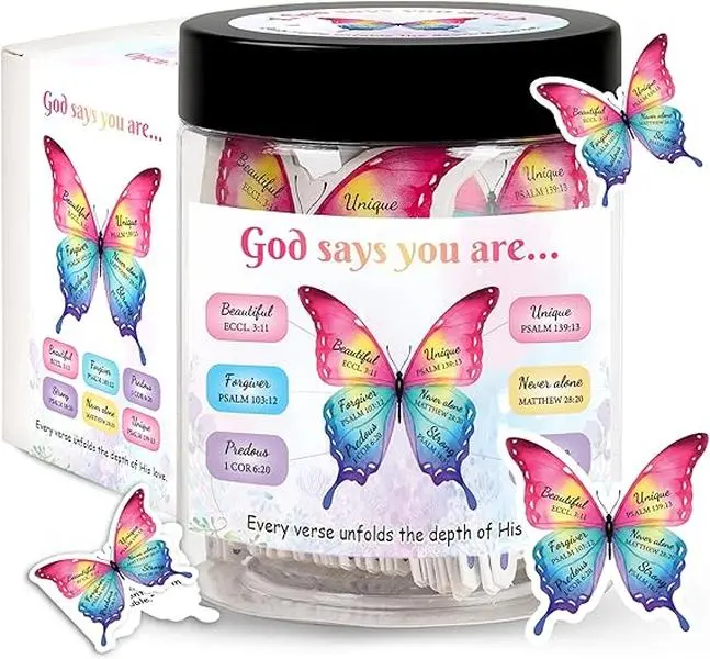 Positive Butterfly Bible Verses Jar with 60 Christian Affirmation Cards, Christian Gifts for Women, God Says You Are, Faith-Based Religious Spiritual Butterfly Gifts for Women Adults, Teens