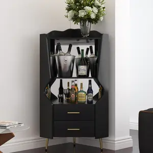 OPUL Wooden Corner bar cabinet with 2 open storage shelves and 2 drawers, mirrored back sideboard cabinet, high feet/legs for easy cleaning, 2-Tiers Liquor Cabinet Bar Unit for Home, Corner Display Cabinet for Small Space, Buffet cabinet BLACK
