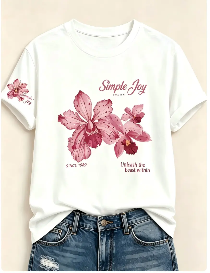 Pink Orchid Simple Joy Sleeve Print Black Cotton Crewneck T-Shirt Vintage Floral Graphic Tee