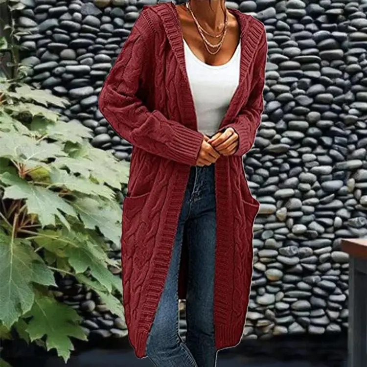 Women Hooded Open Front Cardigan Cable Knit Sweaters Solid Color Chunky Long Sweater Coats - Burgundy Oversized Fit, Soft Warm Fabric, Side Pockets, Casual Daily Outfit Layer, Fall/Winter Essential, Comfy Cozy Vibe, 2026 Trendy Knitwear