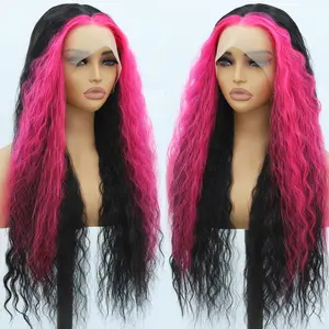 KINCY 13*4 Black Long Curly Lace Front Wigs Hot Pink Streak Middle Part Wig for Women Fluffy Hair Texture Natural High-Temperature Synthetic Fiber Glueless Wig for Daily Party Cosplay Halloween 26 Inch