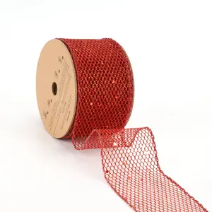 2 1/2" Wired Ribbon | "Glitter Net" Red | 10 Yard Roll Mesh Netting wreath making Christms tree decor Christms Ribbon
