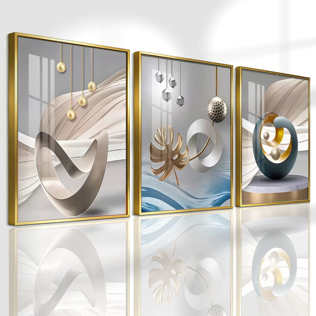 3 Counts Aluminum Alloy Framed Painting, Modern Abstract Design Geometric Shapes And Golden Leaves Pictures, Graphic Prints, Home & Bedroom Wall Decor, Odorless Print Artwork, Decorative Artwork, Perfect Gift For Friends And Family