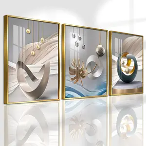 3 Counts Aluminum Alloy Framed Painting, Modern Abstract Geometric Shapes And Golden Leaves Pictures, Graphic Prints, Abstract Pattern Print, Home Decoration For Living Room, Bedroom Wall Decor, Odorless Print Artwork, Perfect Gift For Friends And Family