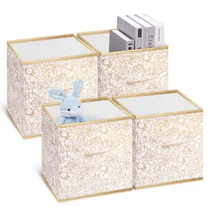 Collapsible Storage Cube Bins, Foldable 11 Inch Cube Storage Bins with Dual Handles, 4-Pack Fabric Storage Cubes for Shelves, Closet, Nursery, Flower Gold