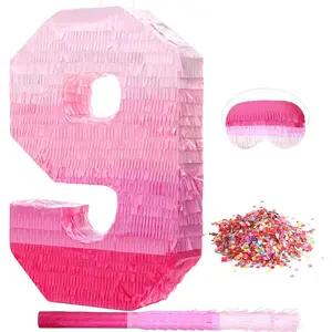 Number Piñata Pink Piñata Birthday Decorations Gradient with Stick Blindfold Confetti for Girls Boys Birthday Anniversary Party Decorations Supplies(Number 9)
