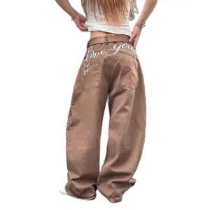 Beige Y2K Wide Leg Baggy Pants, Love You Embroidered Star Patch Cargo Trousers, Vintage High Waisted Casual Streetwear, Oversized Loose Fit Denim Jeans for Women, 2000s Aesthetic Fashion