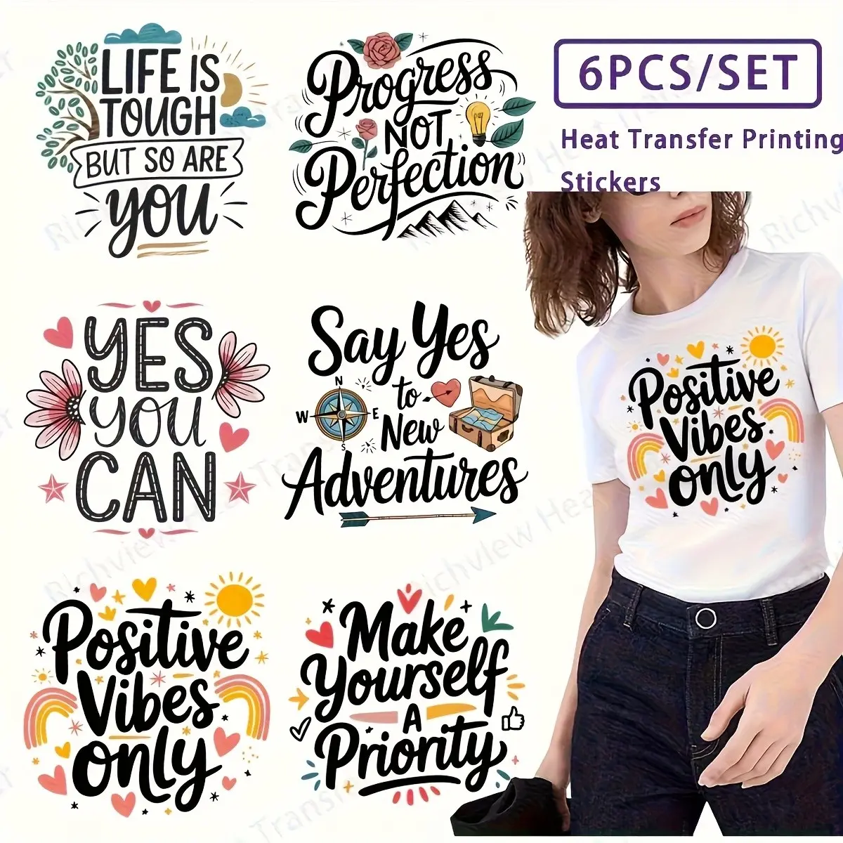 6-Piece Inspirational Vinyl Stickers Set, Heat Transfer Iron-On Decals, Washable DIY Decorative Stickers for T-Shirts & Accessories