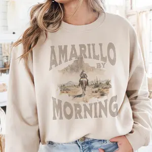 Vintage Western Sweatshirt Retro Boho Amarillo By Morning Pullover Cowboy Country Sweater Cowgirl Rodeo Retro Top Womens Casual Crewneck Top