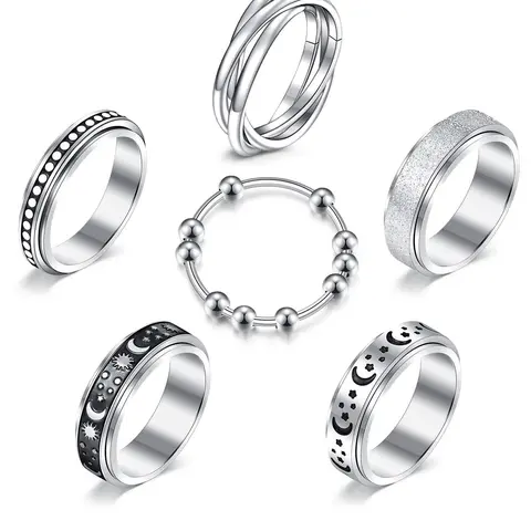 Punk Goth Style Rotating Star & Moon Design Stainless Steel Rings, Fidget Spinner Ring, Gifts for Men/Women, Stress Relief Jewelry Rings, Matching Funky Unique Accessories for Girls Birthday Gift, Metal Rings