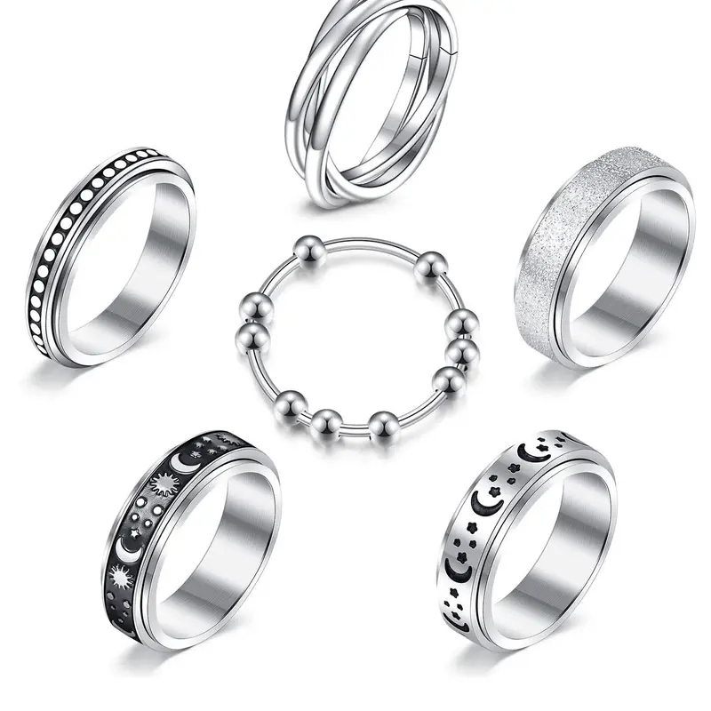 Punk Goth Style Rotating Star & Moon Design Stainless Steel Rings, Fidget Spinner Ring, Gifts for Men/Women, Stress Relief Jewelry Rings, Matching Funky Unique Accessories for Girls Birthday Gift, Metal Rings