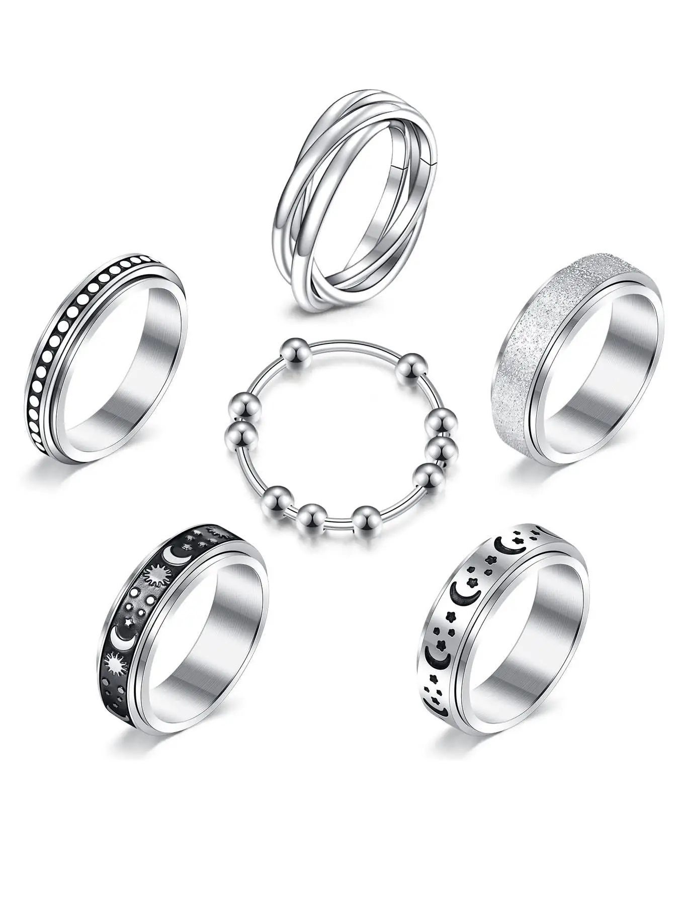 Punk Goth Style Rotating Star & Moon Design Rings, Gifts for Men/Women, Stress Relief Rings, Matching Funky Unique Accessories for Girls Birthday Gift