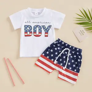 Toddler Boy 4th of July Outfit,Letter Print Tee & Stars Stripes Shorts 2 Piece Set