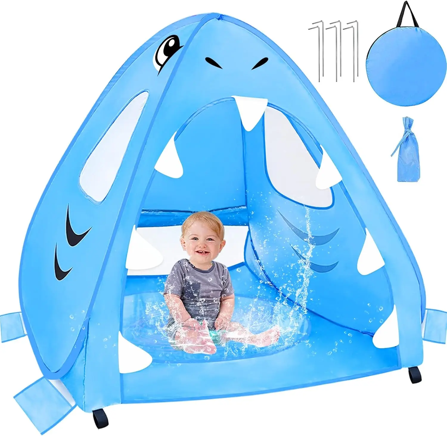 [ Extra High ] Shark Baby Beach Tent with Pool, Pop up Kiddie Pool Tents Baby Beach Essentials UPF 50+ UV Protection 4 Sand Pockets 3 Mesh Windows Sun Beach Shade Tent for Toddler Aged 3-60 Months TURNMEON