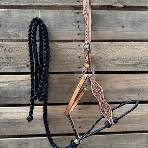 Black Floral Tooled Lariat & Leather Combo Halter