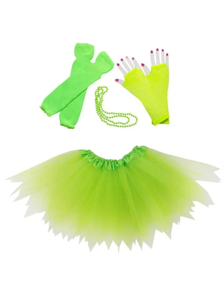 80s Costume in Neon Lime Green - 4 Piece Pixie Tutu Set for Girls, Adult, & Women's Plus Sizes - Decade Dress Up Party, Halloween, Cosplay