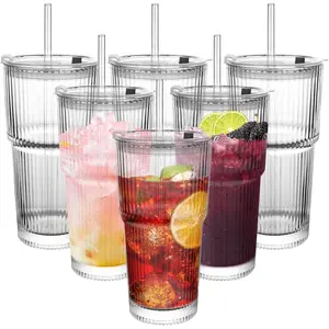 20oz Ribbed Glass Cup Set 6/8Pack Thickened Tumblers with Lids & Straws for Cocktails Coffee & Smoothies Ideal for Any Occasion