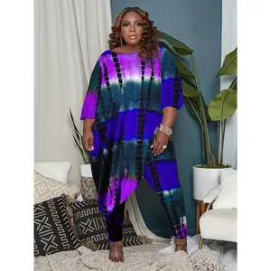 Women's Plus Size Casual Outfits Set - Tie Dye Long Sleeve Asymmetrical Hem Medium Stretch Top & Leggings Outfits Two Piece Set - For Curvy Women - Suitable for Casual Wear - Perfect Gift for Birthday & Holidays