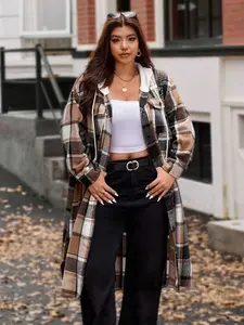 A women's retro-style long coat in coffee color, featuring a hood, Plaid pattern, and two pockets, suitable for commuting, daily wear, and vacations, Outerwear, Casual, Long sleeve, Jackets