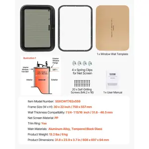 VEVOR RV Exit Window, 30 Wx 22 H Tinted RV Window with Net Screen and Trim Ring, Fit for 1 1/4 - 1 13/16 Thickness Wall, RV Window Replacement for Teardrop Cargo Trailer Camper, DOT Approved