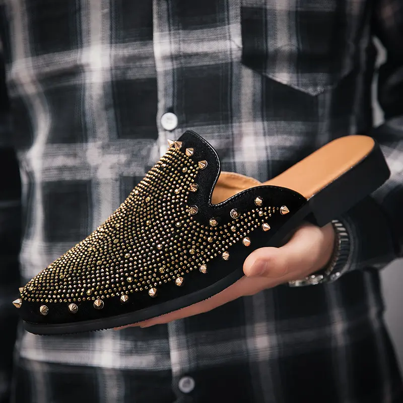 Bdhjydb Men's Fabric Mule Walking Shoes, Solid Color Slip-On Footwear Featuring Rivet Studs and a Non-Slip Low Heel, Pvc