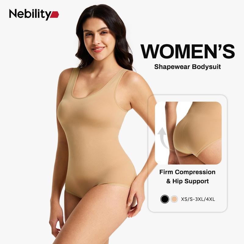 [MAX] Nebility Seamless Comfort Shapewear Bodysuit for Women,Basic Minimalist fashion Crewneck Womenswear Underwear High Waist Shaping Compression Firm Tummy Control Black&Black