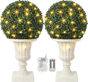 【Christmas Gift】16” Artificial Plant Topiary Ball, Pre-Lit Artificial Topiary Plant with Lights, Timer and Remote Control, Artificial Outdoor Porch Trees with Light Base for Outdoor Indoor White Room Decor Decorative Fruit Hanging Set Ornaments