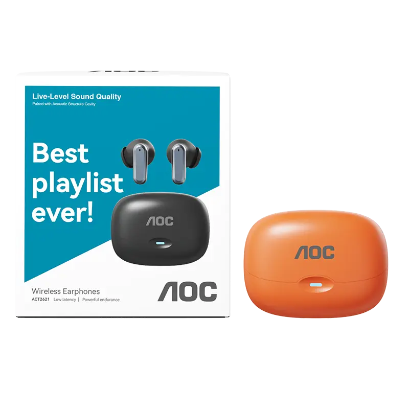 AOC2621 Wireless Bluetooth 6.0 Earbuds IPX5 Waterproof ENC Noise Cancelling 13mm Stereo Sports Touch Control Headphones Long Battery Charging Case office ear gear