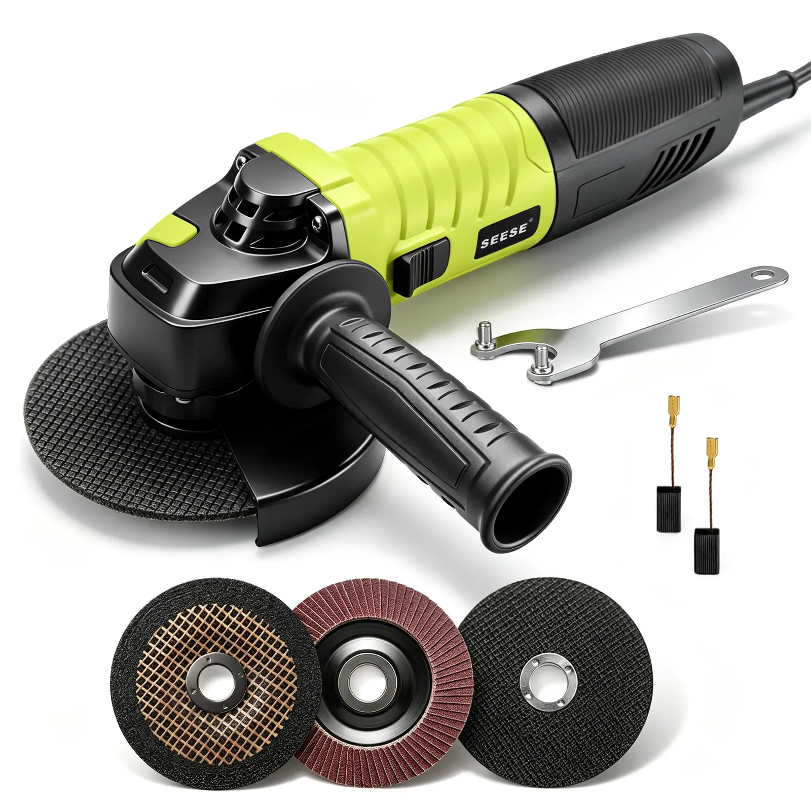 SEESE Angle Grinder, 5 Inch 8 Amp 11000PRM Electric Grinder Tool 6-Variable-Speed Metal Grinderand Cutting Wheels, Flap Disc and Auxiliary Handle for Cutting, Grinding, Polishing and Rust Removal
