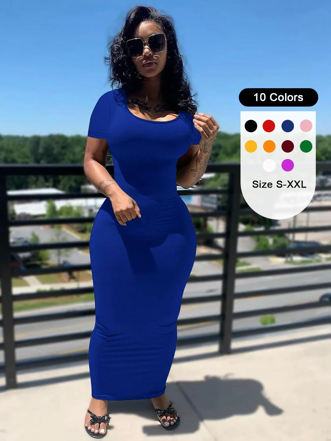 Women's Scoop Neck Bodycon Sundress, Casual Short Sleeve Long Dress, Dress in Club, Dresses for Women, Summer Dresses 2024, Ladies Clothes for Daily W